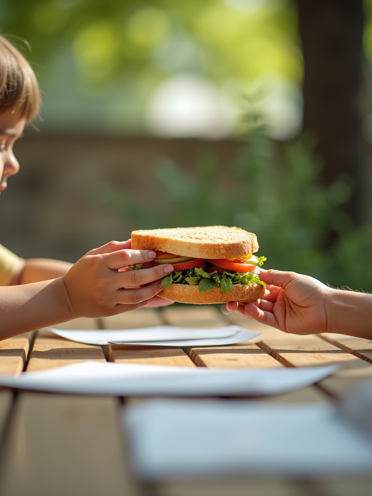Kinderhände teilen ein Pausenbrot auf dem Schulhof